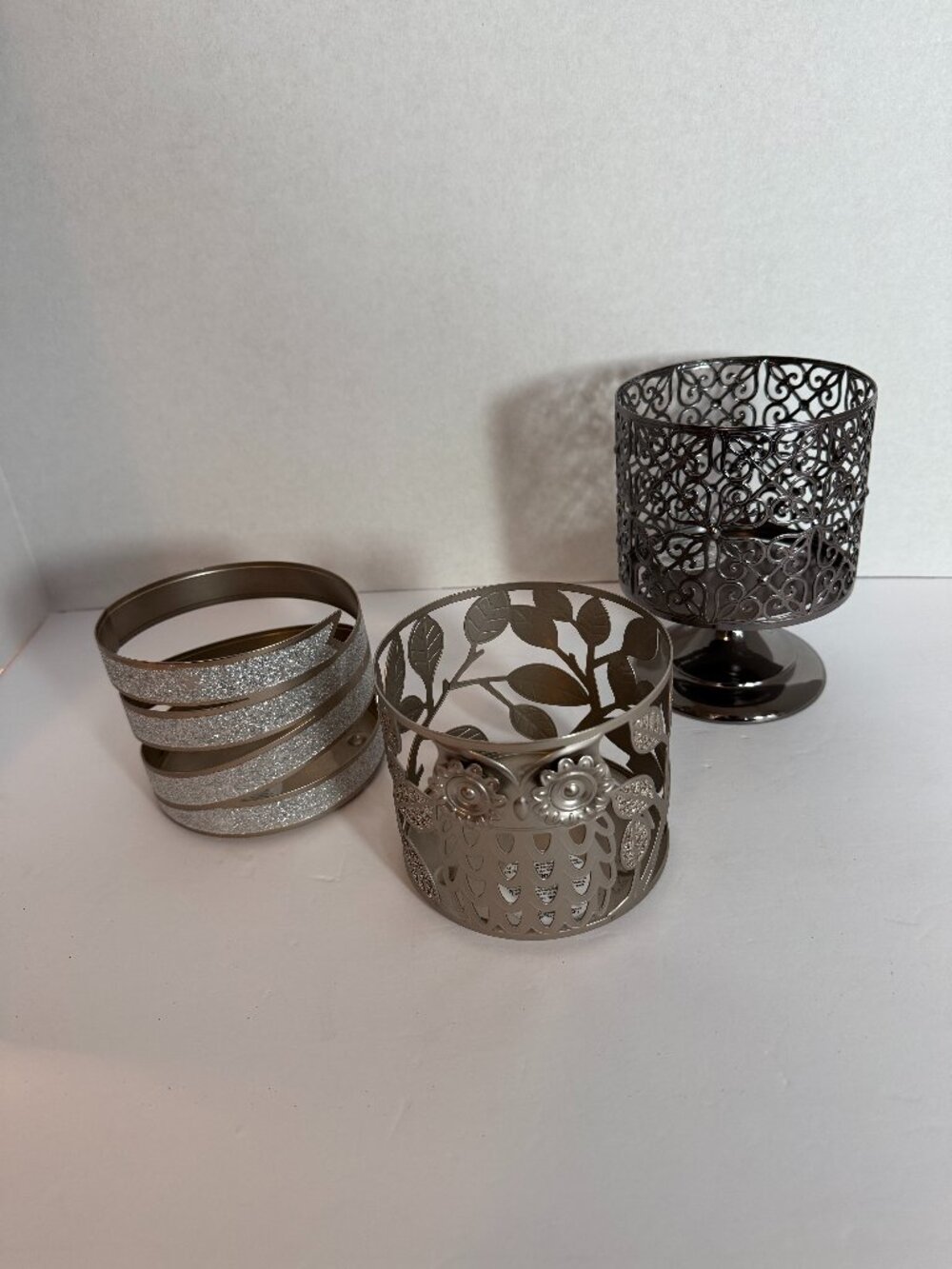 Bath & Bodyworks 3 Wick Candle Holders Set of 3, Iron Gate, Owl, Glitter Ribbon